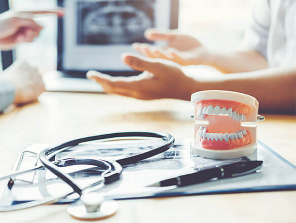 stethoscope and model of teeth on desk